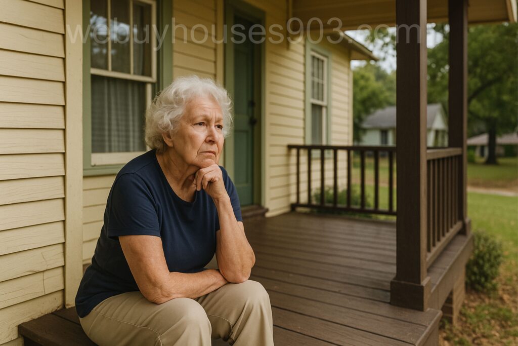 Elderly woman sitting on porch in Jacksonville Texas thinking about selling her house