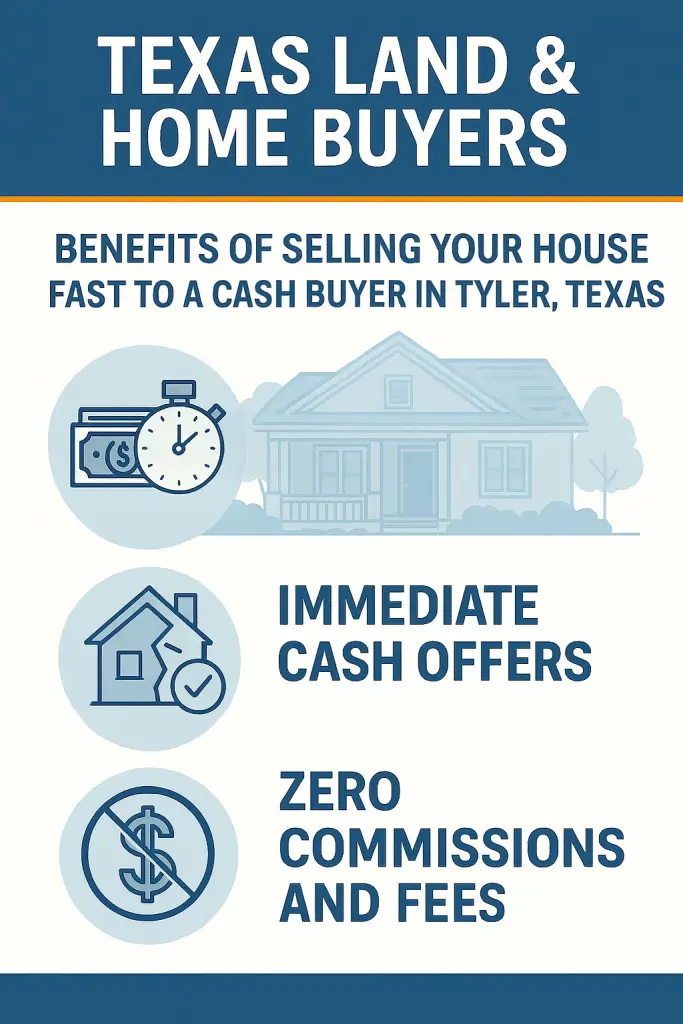 Infographic showing benefits of selling to a cash buyer in Tyler, Texas including fast offers, no repairs, and no fees.