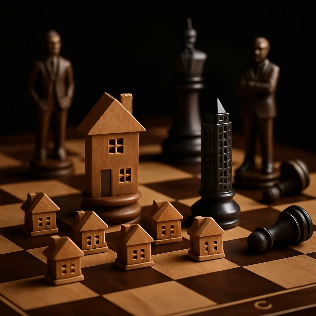 A close-up of a chessboard featuring real estate-themed pieces like a house-shaped king and skyscraper queen, symbolizing the strategic decision between selling a home for cash or listing with a realtor in Tyler, Texas.
