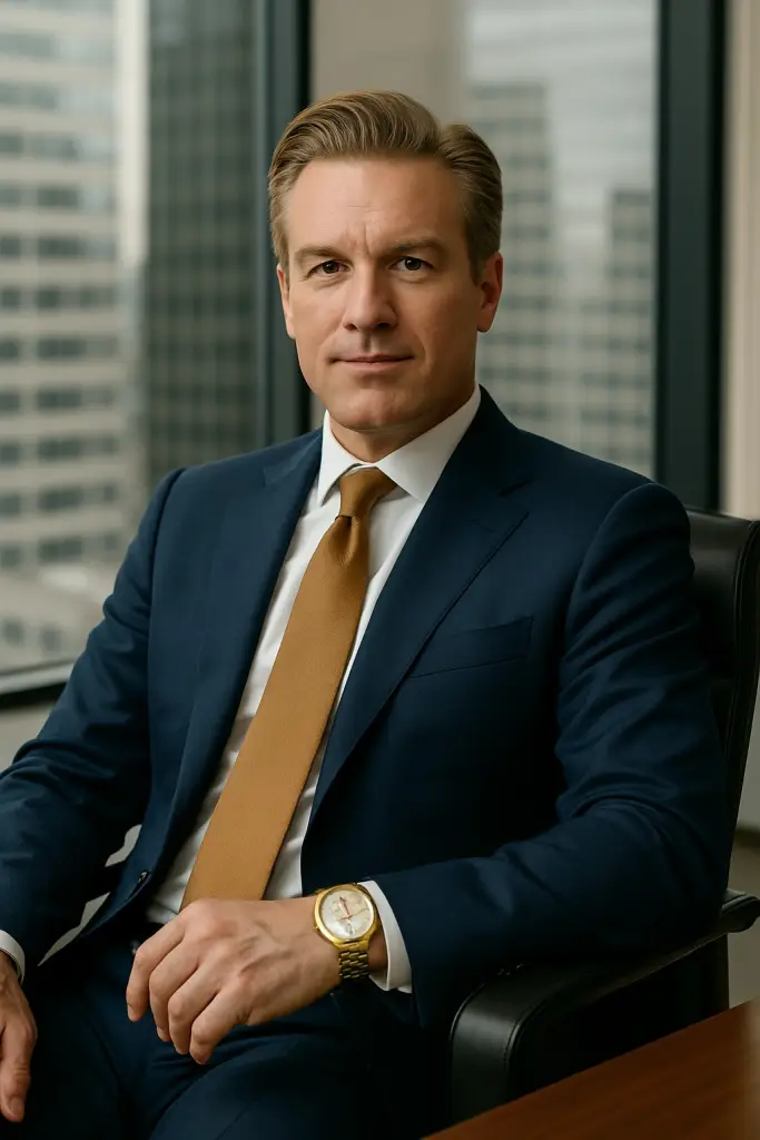 Professional real estate investor in a navy blue suit with a gold tie, seated confidently in a high-rise office. He wears a luxury gold watch and gazes directly at the camera, representing the success and trust of a fast cash buyer in Tyler, Texas. The blurred city skyline in the background reinforces the authority and credibility of 903WeBuyHouses.com and Texas Land and Home Buyer—your go-to solution for selling your home quickly and stress-free.