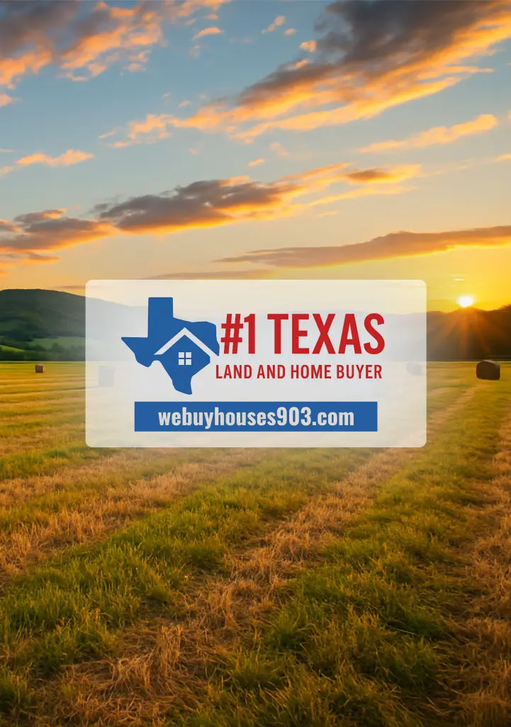 Tranquil East Texas countryside scene with hay bale and logo of local cash buyer offering stress-free land and home sales